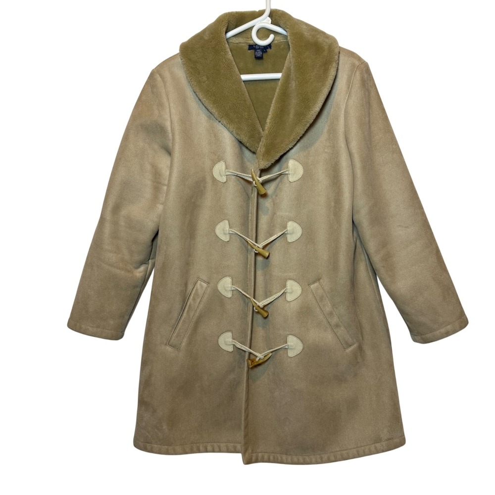 Chaps Women's Faux Suede Coat Jacket Toggle Front Sherpa Collar Beige Mobwife